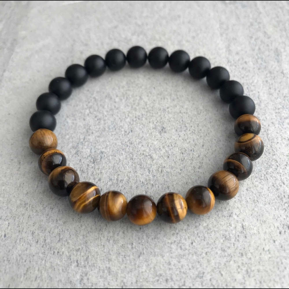 Men Brown Tiger Eye and Black Matte Onyx Gemstone Beaded Stretchy Bracelet
